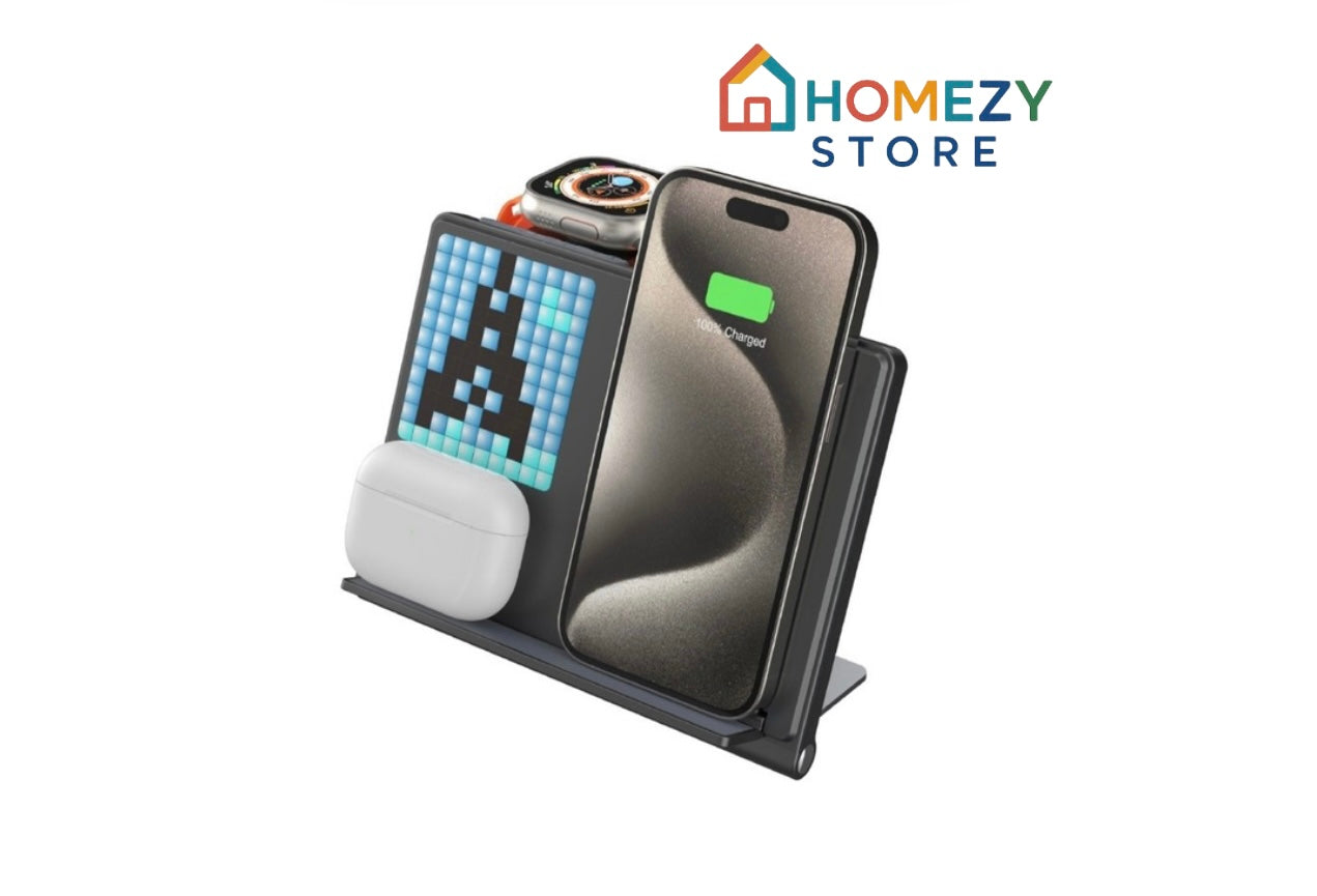 Trending Products Portable 5-in-1 Pixel Animation Foldable Wireless Charger Stand Pad for Mobile Phone Smart Watch Earphone